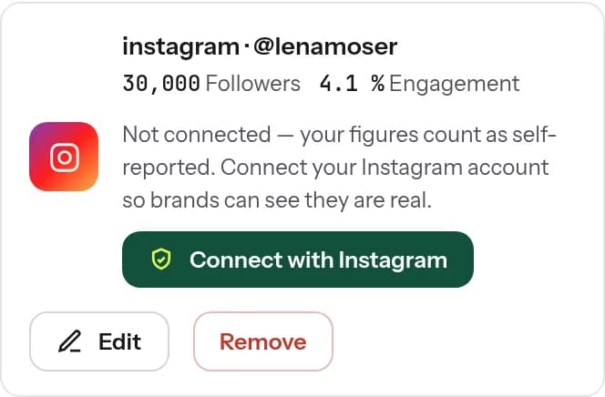 Creator area: a channel with the “Connect with Instagram” button and the note that numbers otherwise count as self-reported